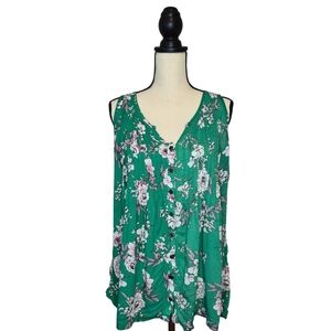 Torrid Top Green White Pink Floral Sleeveless Button Front Vneck Size  Torrid L